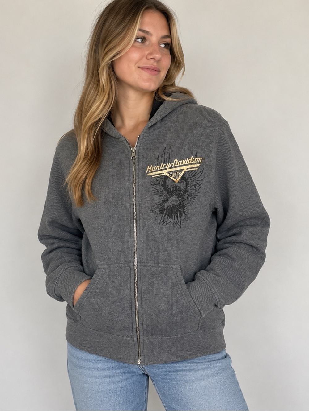 Harley-Davidson Cafe Women’s Large Gray Eagle Zip-Up Hoodie Y2K Biker
